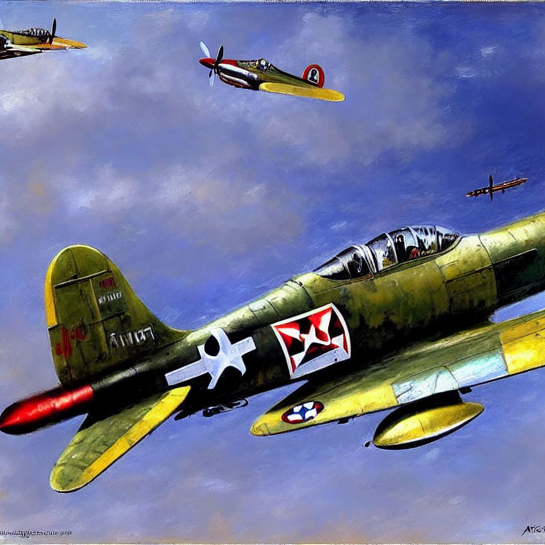 Vintage Military Aircraft Flying with Bright Insignias, Green Plane with Red Nose and Star Emblem