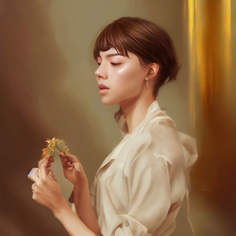 Woman with Bob Haircut Holding Bouquet in Cream Blouse