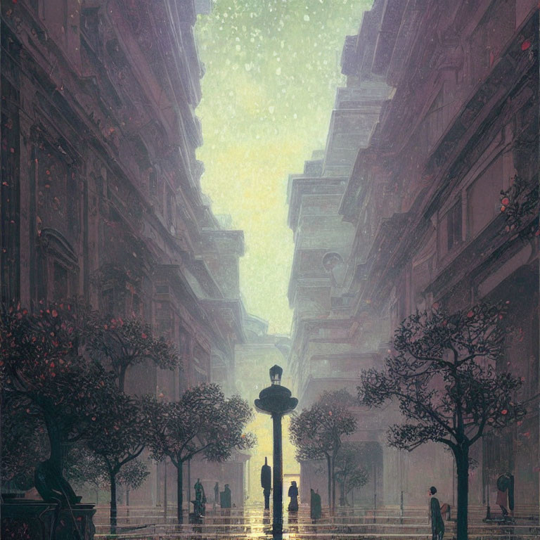 Rainy cityscape with people, street lamps, and trees in subdued light