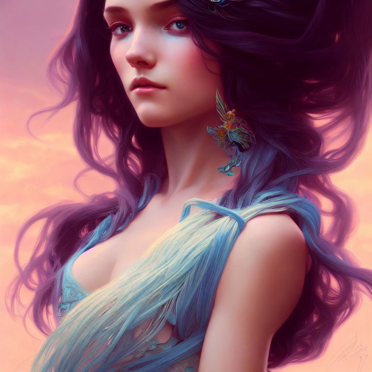 Digital Artwork: Woman with Purple and Blue Hair and Bird on Shoulder