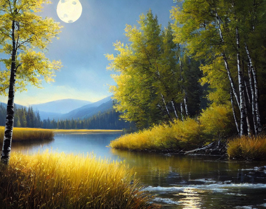 Moonlit Birch Trees Reflecting in Tranquil River Scene