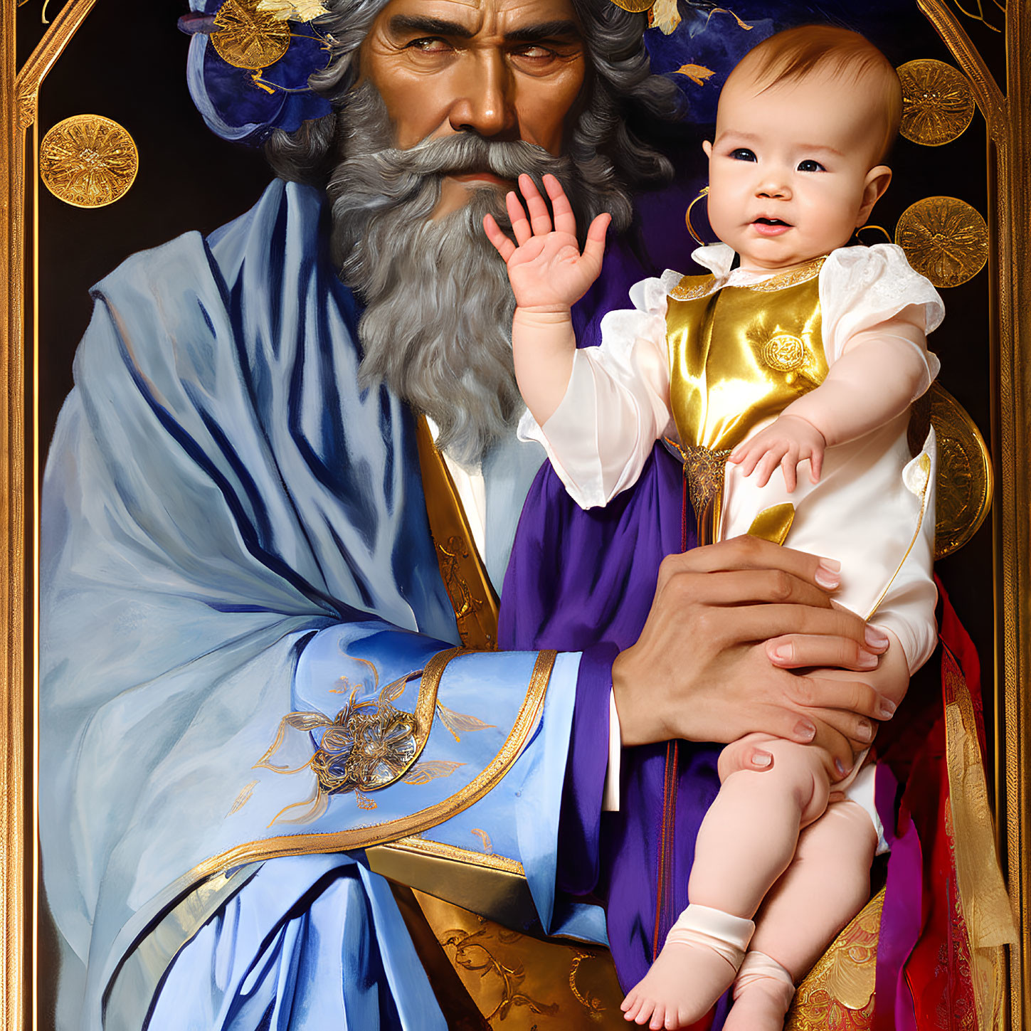 Historical man with long beard holding waving baby in robes