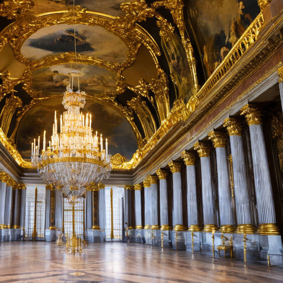 Luxurious Room with Golden Embellishments and Grand Chandeliers