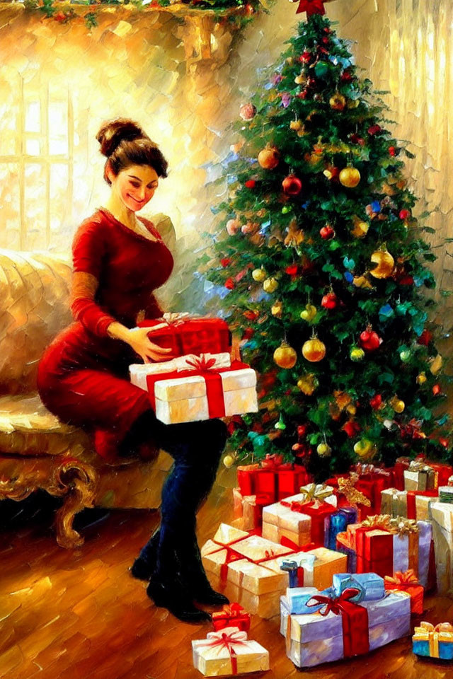 Woman in Red Dress Placing Gift Under Christmas Tree