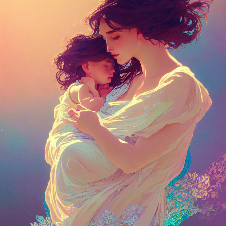 Mother holding sleeping baby in soft glow with flowers