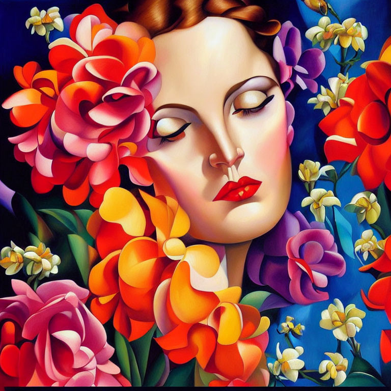 Colorful Painting of Woman's Face Among Flowers in Red, Orange, Blue, and Purple