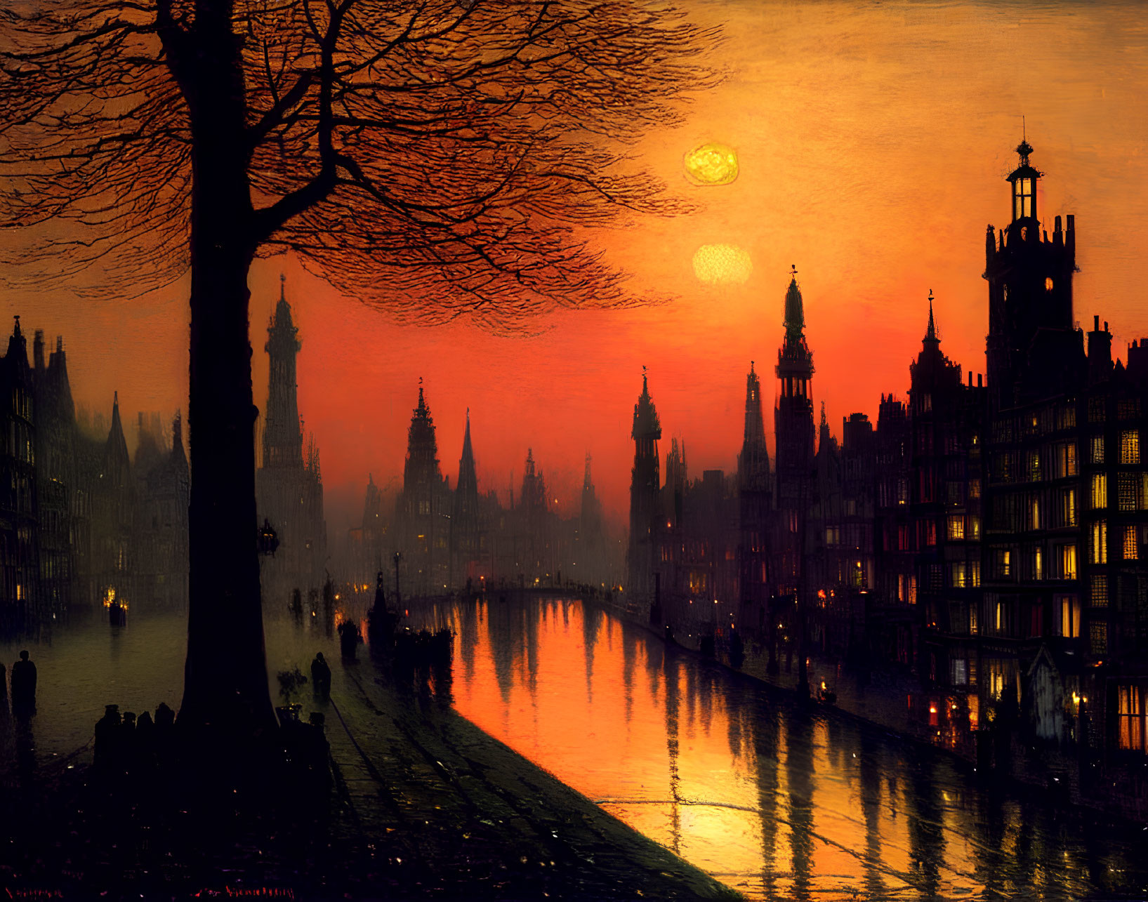 Vintage-style painting of tree silhouette at sunset over river with old buildings and bridge.