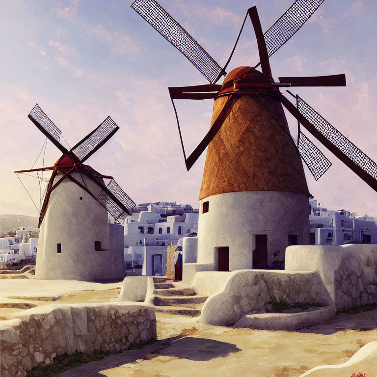 Iconic Greek Windmills Against White Buildings and Blue Sky