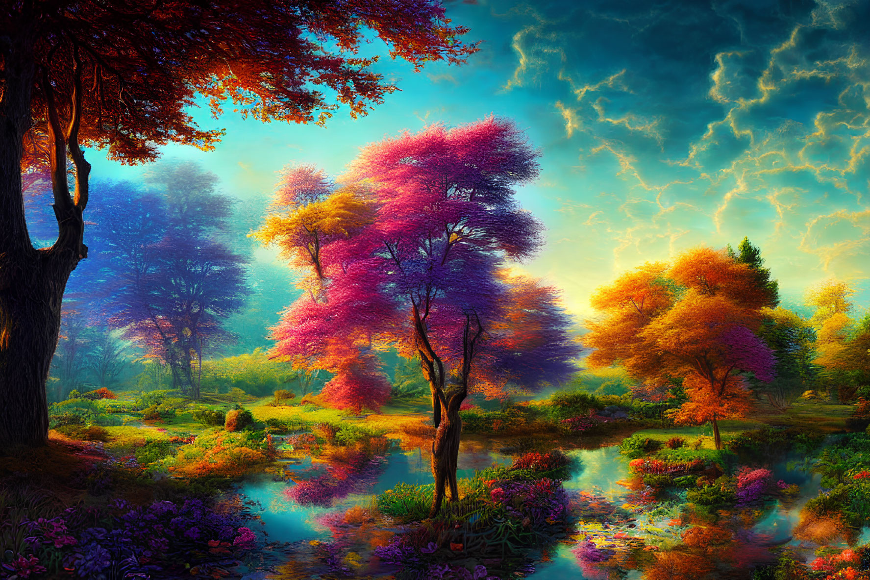 Colorful landscape with vibrant trees, serene river, and stormy sky.