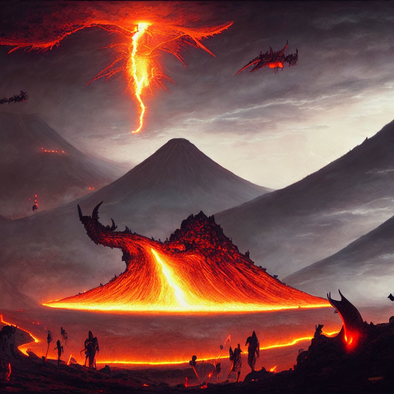 Erupting volcanoes and lava flows in apocalyptic landscape