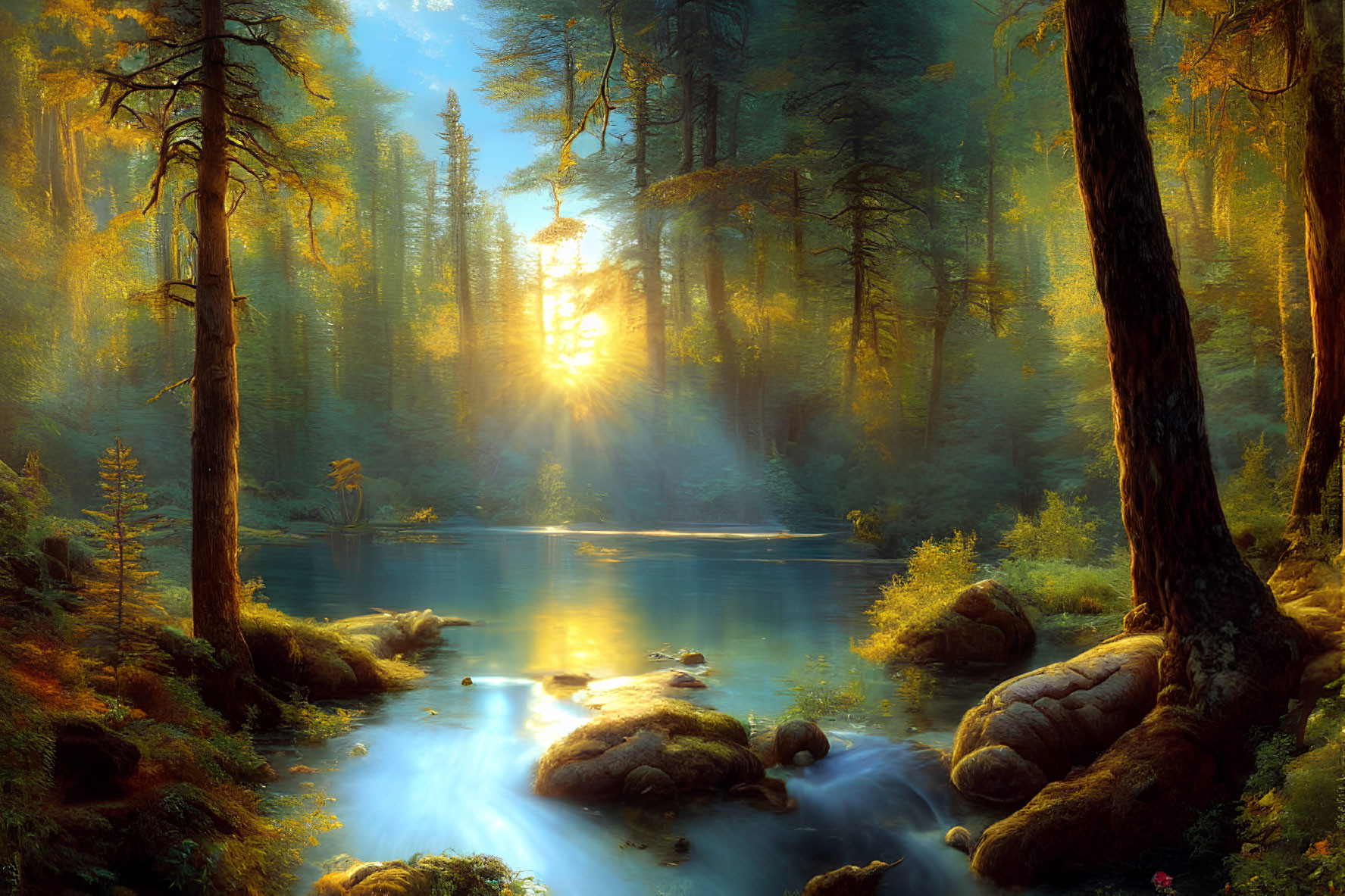 Tranquil forest landscape with sunlight on river