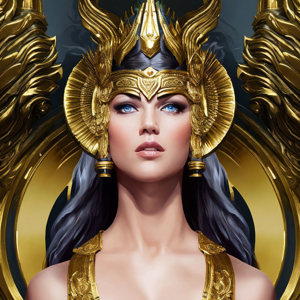 Woman with Striking Blue Eyes Wearing Golden Winged Helmet on Gold Background