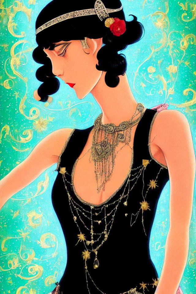 1920s fashion woman illustration with beaded headband and flapper dress