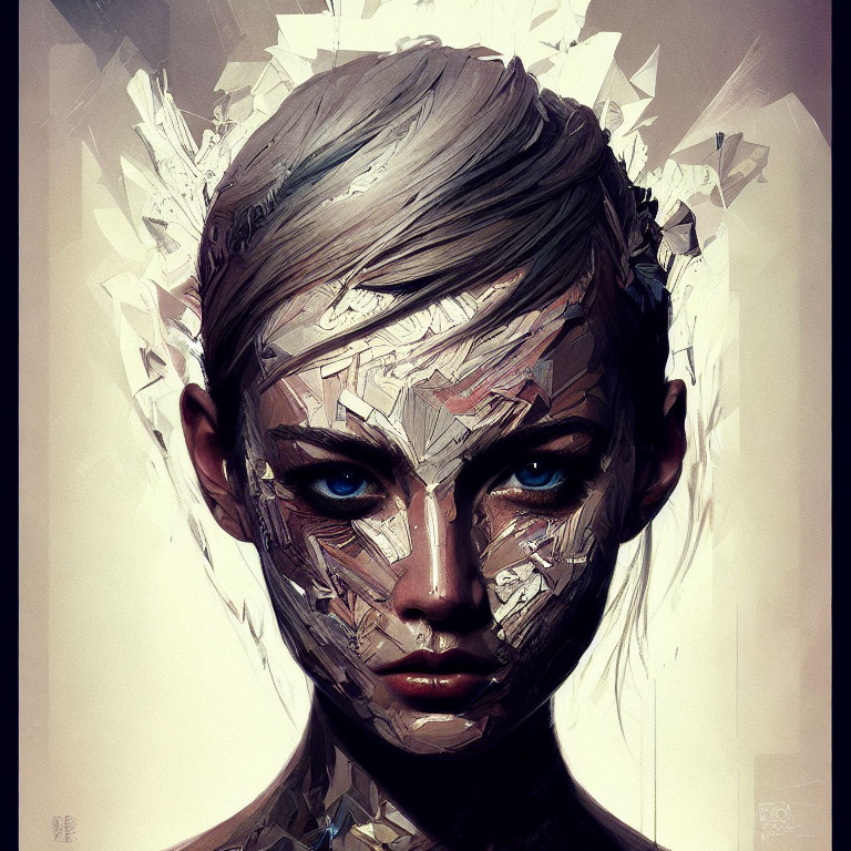 Futuristic digital art portrait with shattered glass design