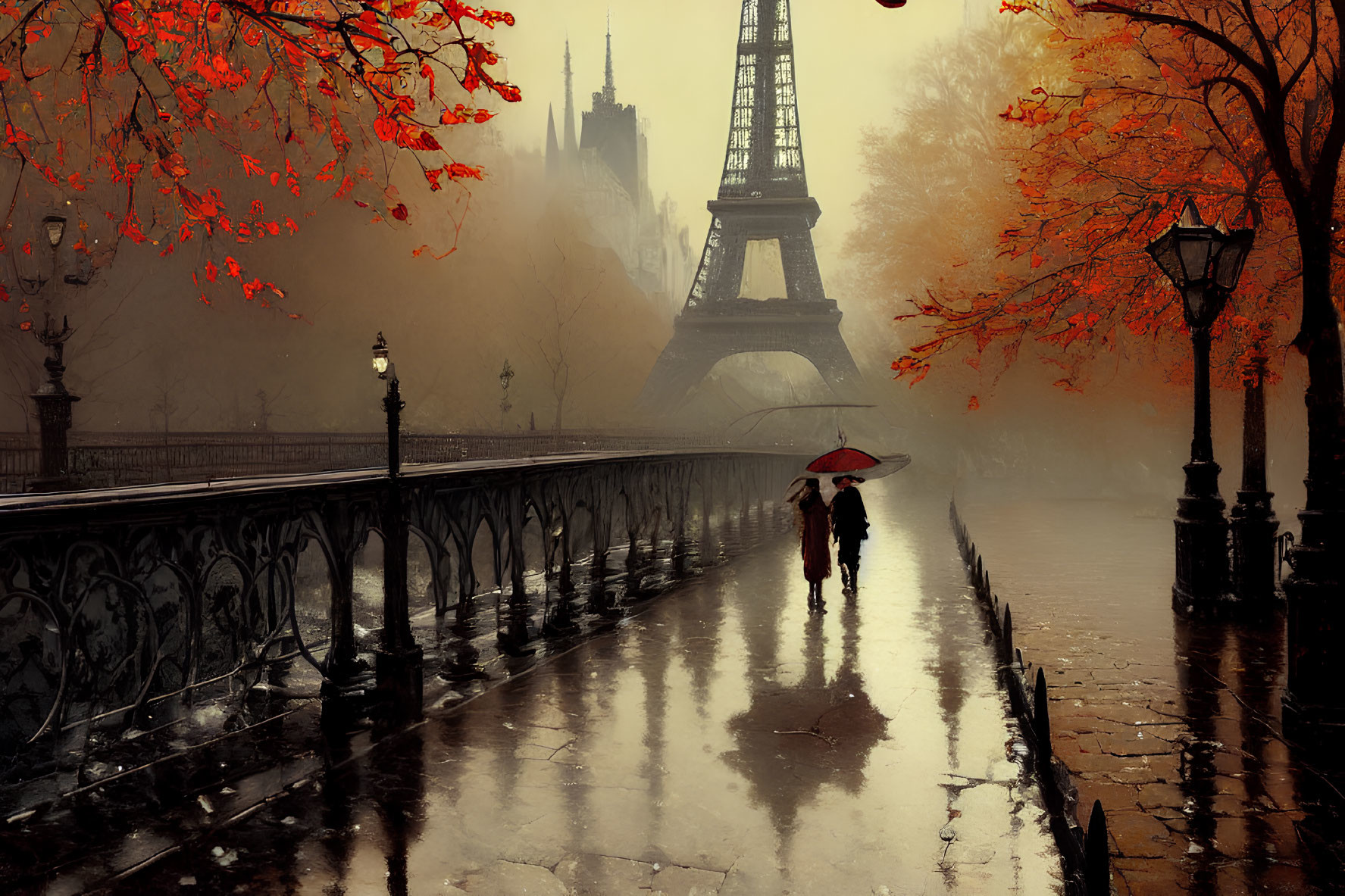 Person with red umbrella walks by wet path with autumn leaves and Eiffel Tower in misty background