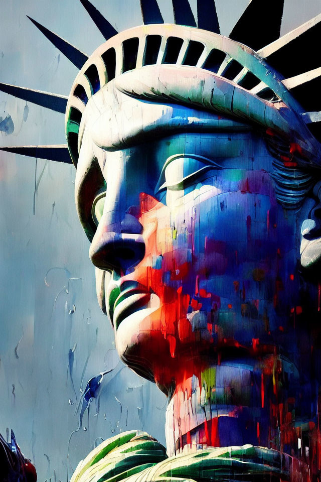 Statue of Liberty Close-Up with Colorful Paint Dripping Effect