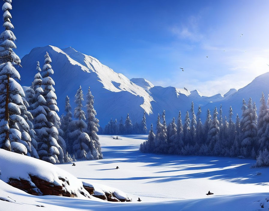 Snow-covered pine trees and mountains in serene winter landscape with birds and shadows.