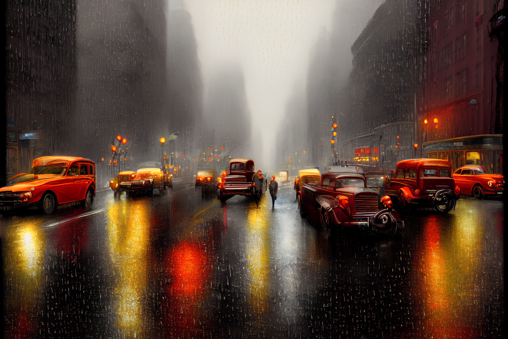 Vintage cars and pedestrians on rainy street under glowing streetlights