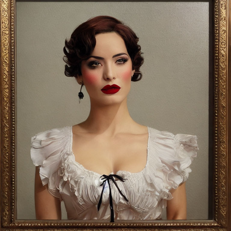 Vintage-Style Portrait of Woman with Styled Hair and Red Lipstick