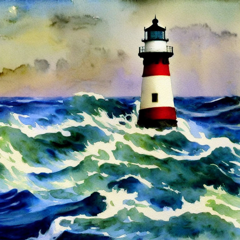 Red and white lighthouse in stormy sea watercolor art