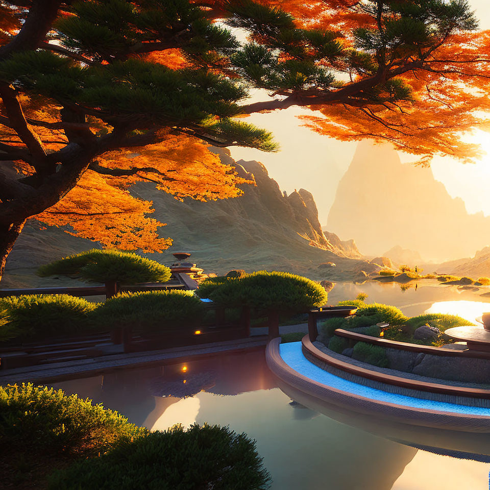 Japanese Garden at Sunset with Pagoda and Orange Leaves