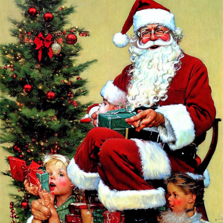 Santa Claus Giving Gifts by Christmas Tree