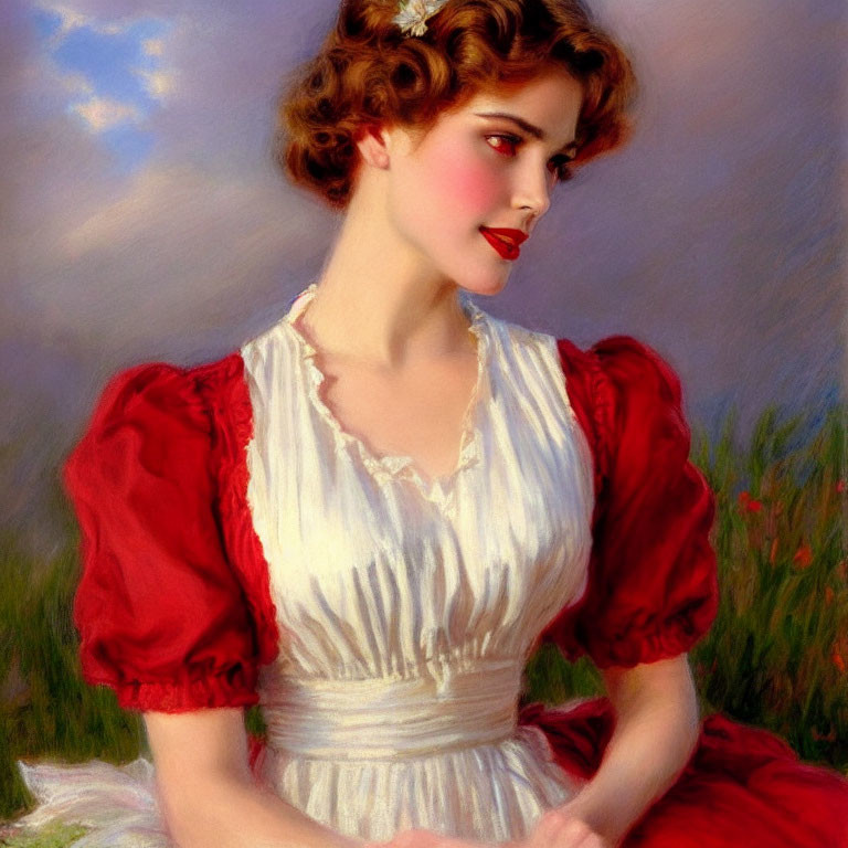 Vintage Painting: Woman in Red Puffed Sleeves and Ivory Dress