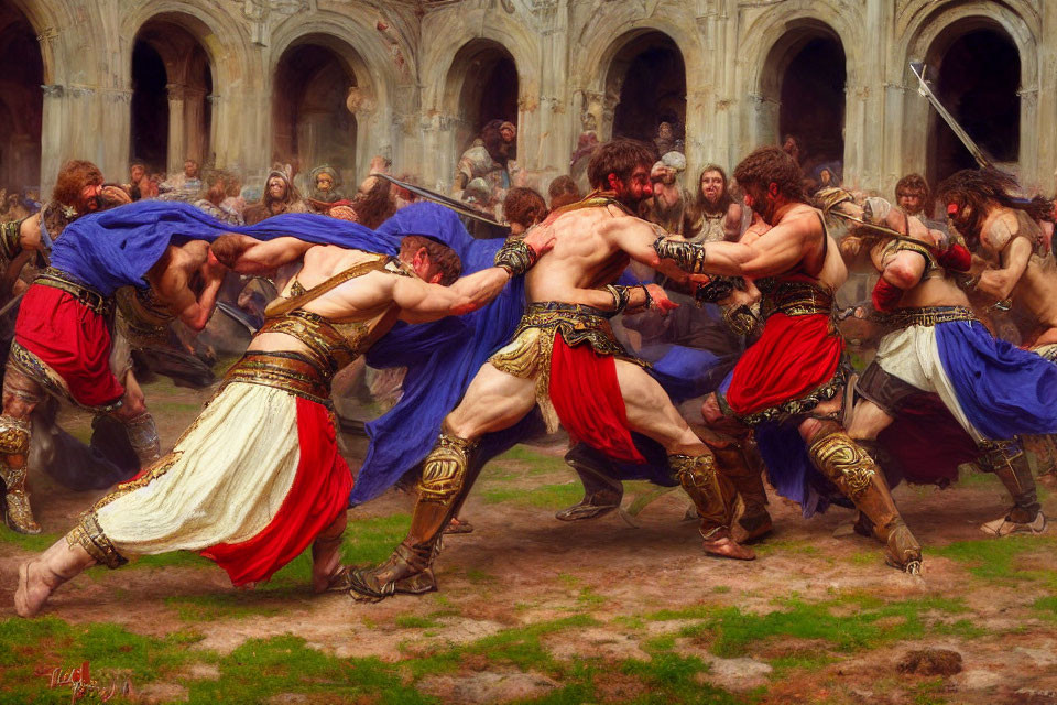 Muscular warriors in close combat in ancient stone cloister ruins