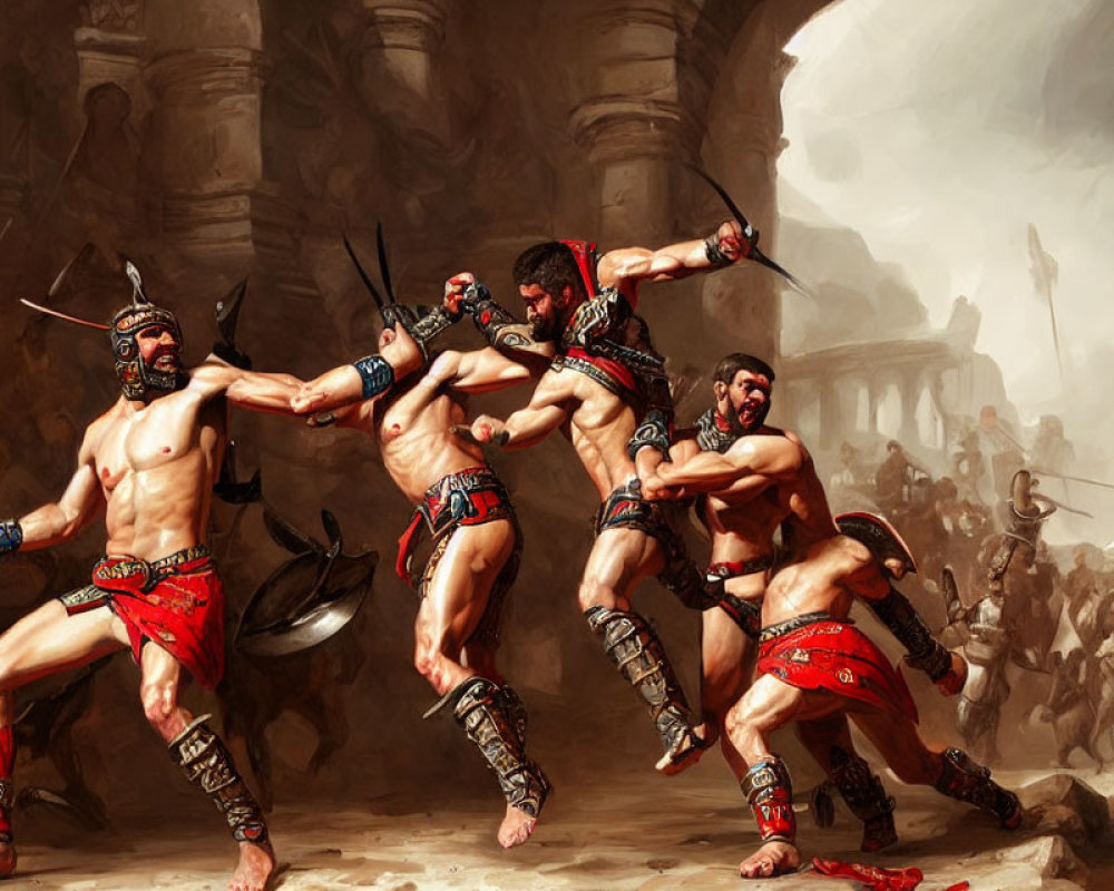 Animated Spartan warriors in red cloaks battle in chaotic scene