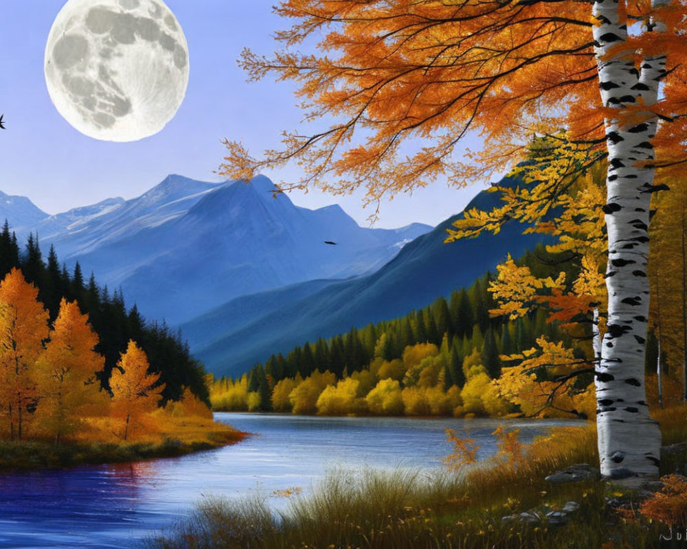 Vibrant autumn landscape with river, mountains, and full moon