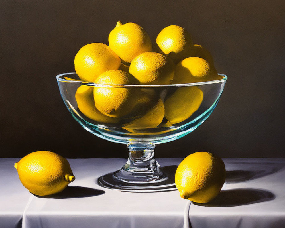 Realistic still life painting of bright yellow lemons in glass bowl