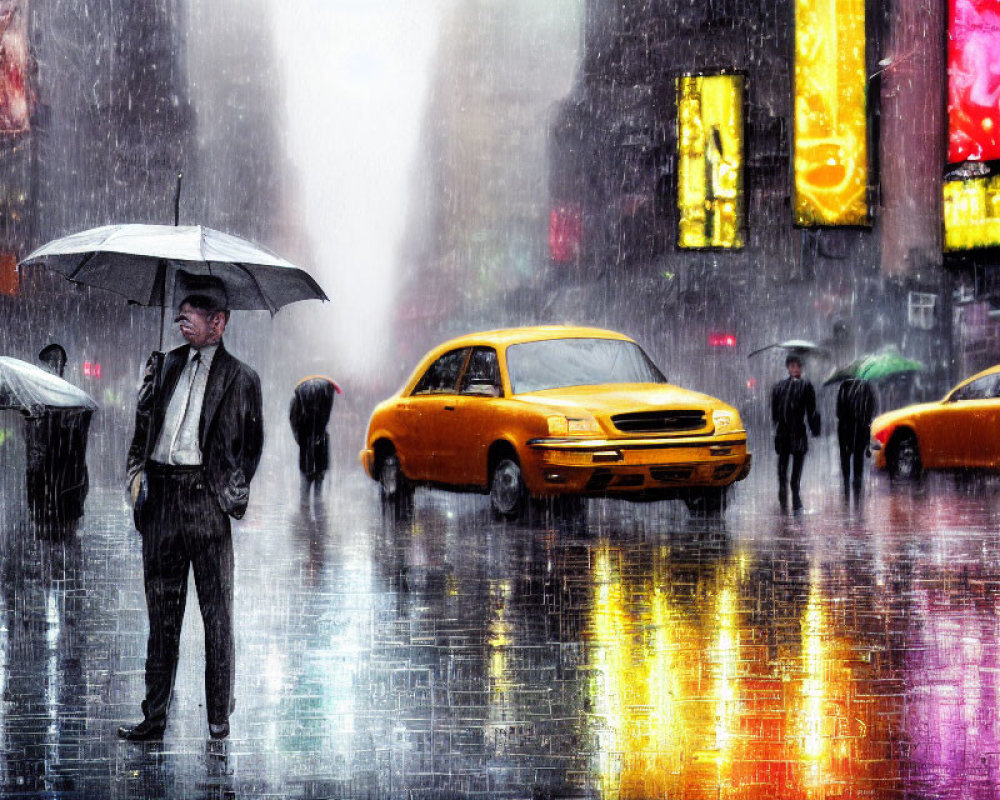 Man with umbrella in rain on city street with yellow cabs and reflections