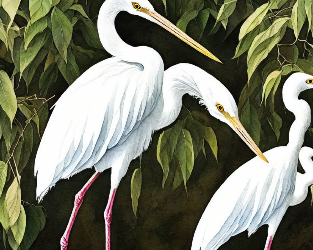 Three white egrets in green foliage habitat illustration