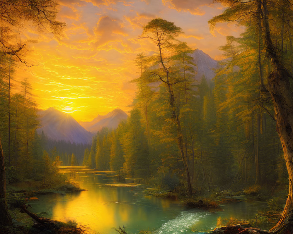 Tranquil forest sunset with tall trees, river, and mountains in vibrant orange sky