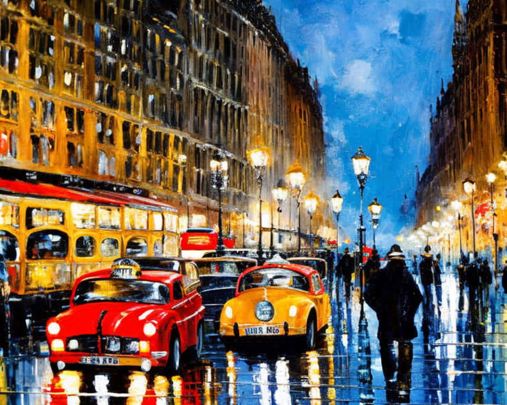 Vibrant painting of rainy city street with vintage cars and pedestrians