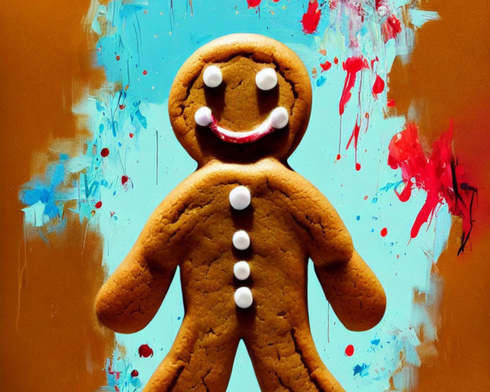 Colorful Gingerbread Man on Vibrant Paint Splatter Background