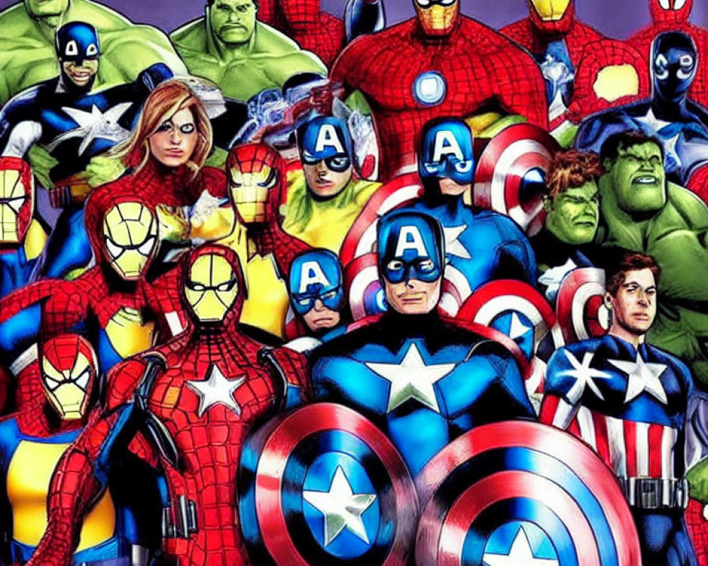 Vibrant superhero characters: Spider-Man, Captain America, Iron Man, Hulk