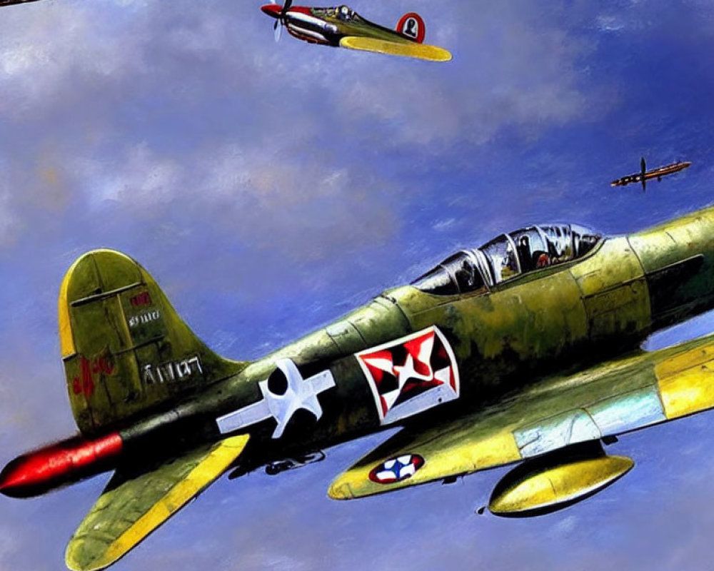 Vintage Military Aircraft Flying with Bright Insignias, Green Plane with Red Nose and Star Emblem