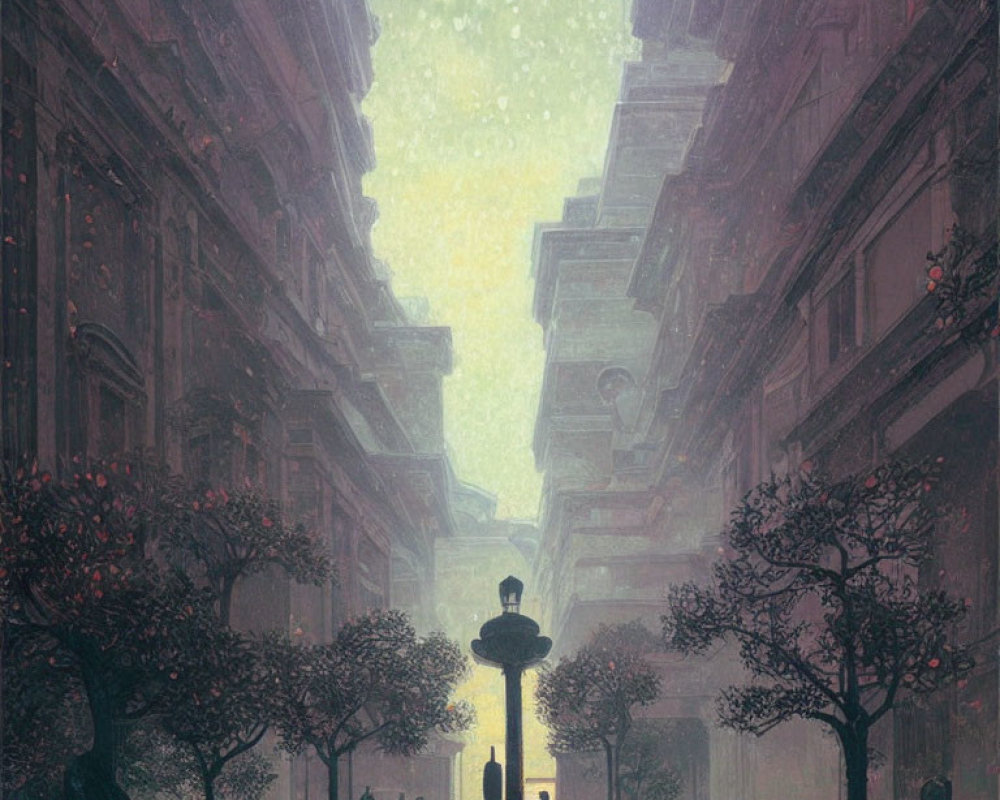 Rainy cityscape with people, street lamps, and trees in subdued light