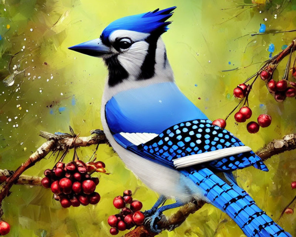 Colorful Blue Jay Illustration on Branch with Red Berries in Green Background