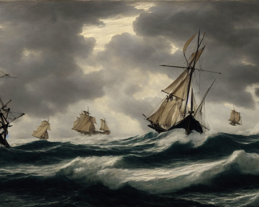 Dramatic tall ships sailing turbulent seas under cloudy sky