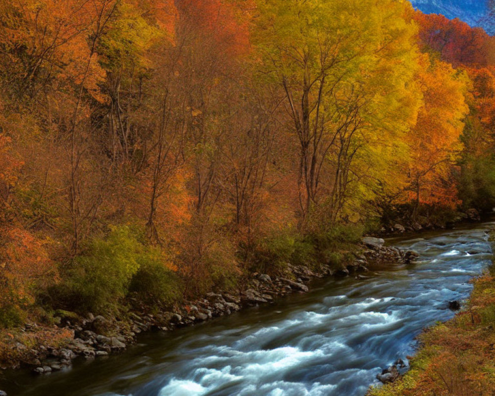 Autumn River Landscape with Vibrant Foliage and Mountain