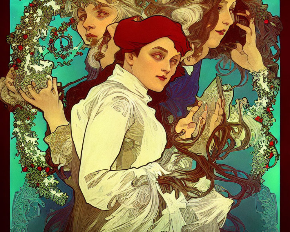 Art Nouveau-style illustration of three women with flowing hair and red headbands entwined with foliage