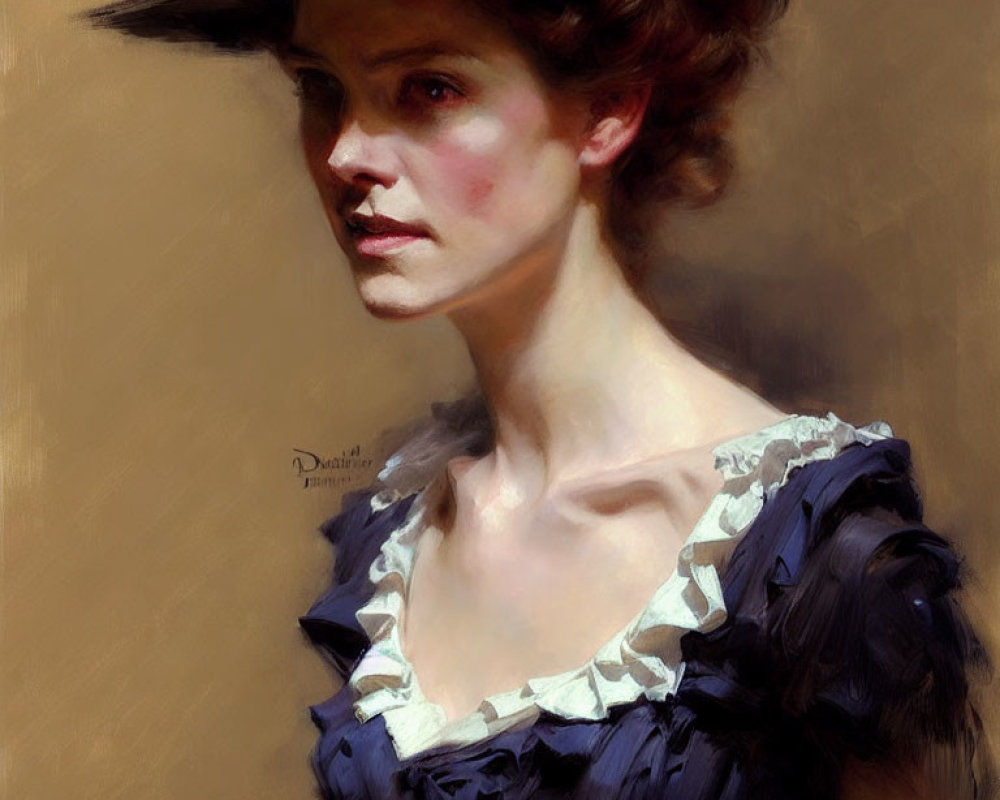 Portrait of Woman in Hat with Warm Tones and Detailed Brushwork