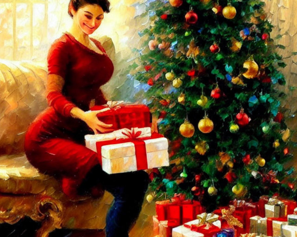 Woman in Red Dress Placing Gift Under Christmas Tree