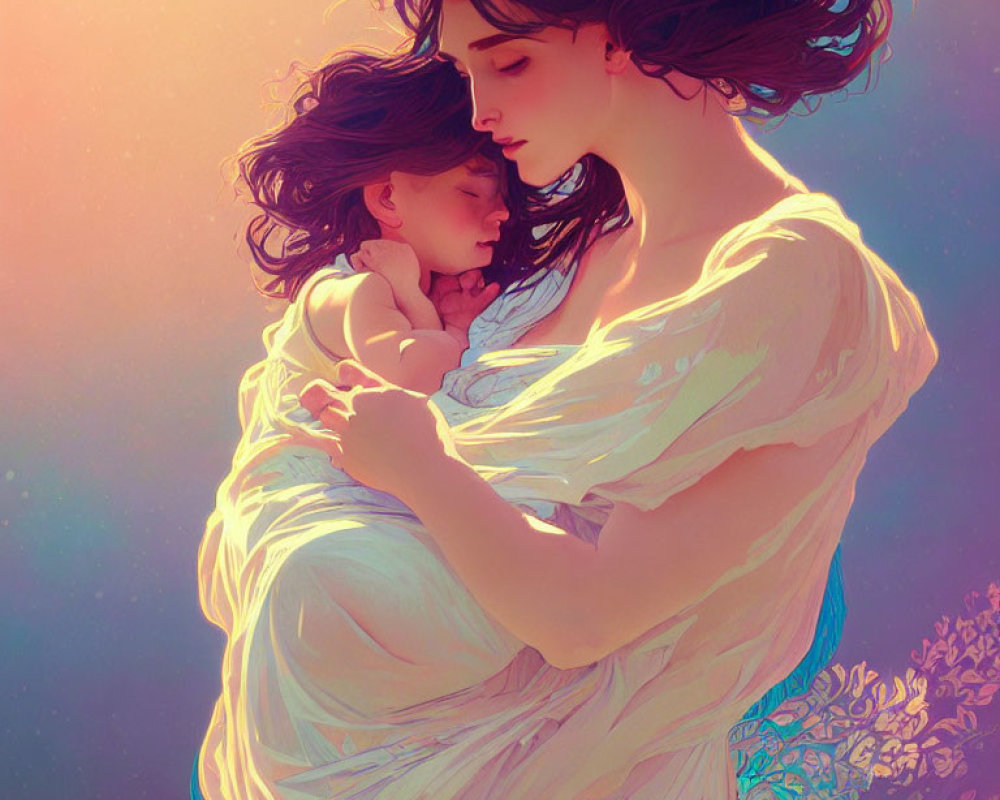 Mother holding sleeping baby in soft glow with flowers