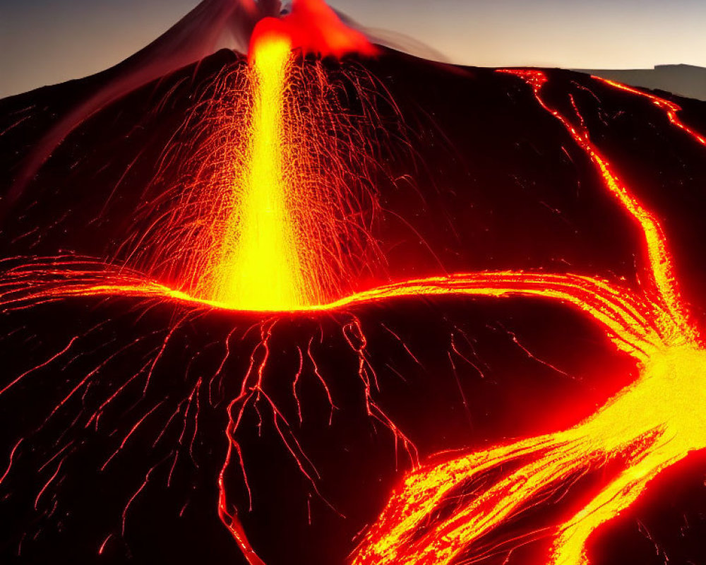 Active volcano eruption at twilight with flowing lava streams