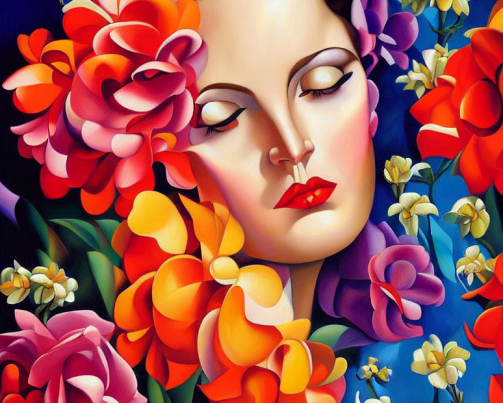 Colorful Painting of Woman's Face Among Flowers in Red, Orange, Blue, and Purple