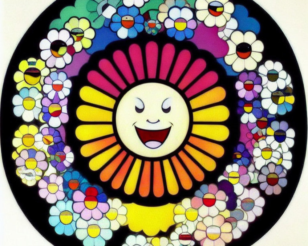 Colorful Circular Sun and Flowers Artwork on Black Background