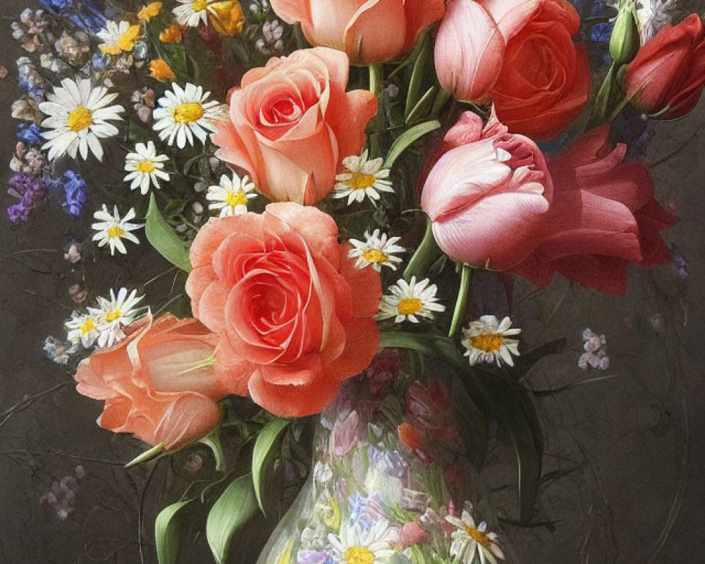 Pink roses and wildflowers in floral vase on dark background